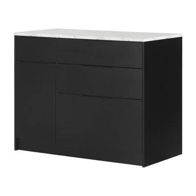 Olio Kitchen Island Matte Black and Faux White Marble