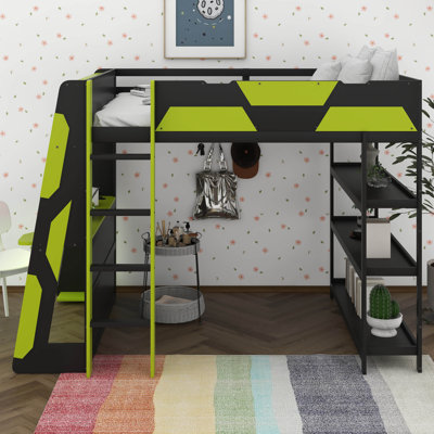 Lit mezzanine pleine grandeur avec bureau, lumières DEL et stations de charge USB, lit mezzanine en bois avec étagères de rangement, cadre de lit avec bureau Lofts