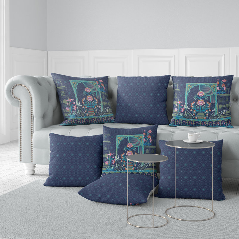 Housse et insert de coussin intérieur / extérieur en polyester Mughal Paradise, 26 po x 26 po, Bleu foncé
