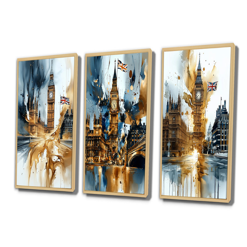 London Big Ben Glow On Gold I - City London Wall Ar Wall Art Collection, H 32 po x l 48 po, Impression encadrée flottante