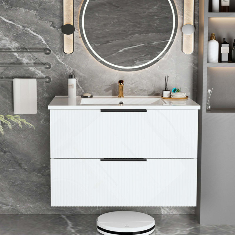 Meuble-lavabo de salle de bain avec lavabo en céramique mural et cannelé avec tiroirs, moderne, 36"