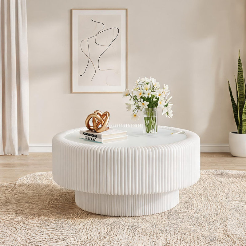 Table basse ronde en cuir trempé avec rangement caché, blanc doux, 31,5 po