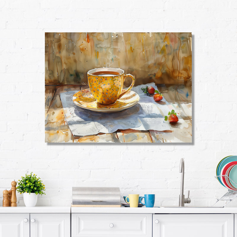 «White Beige Cozy Cup Of Coffee II», impression d'art mural café, H 12 po x l 20 po, Toile tendue