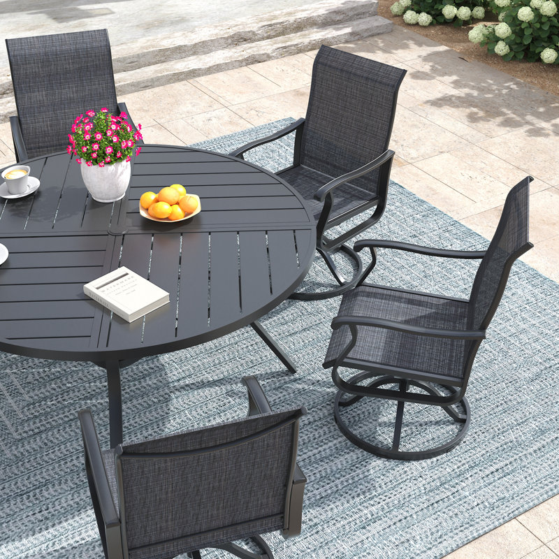 6-Person Round Patio Dining Set With  360° Swivel PVC-Coated Polyester Chairs, Black/Black/Black