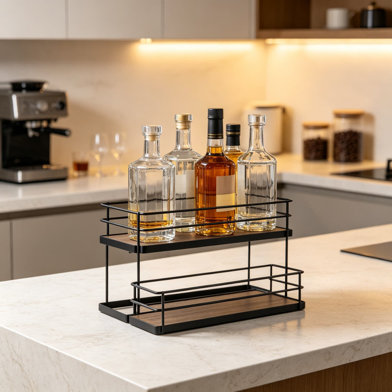 Support à bouteilles à 2 niveaux Coffee Sirop Organiser pour comptoir, tablette en métal et en bois pour le rangement de la cuisine et du garde-manger