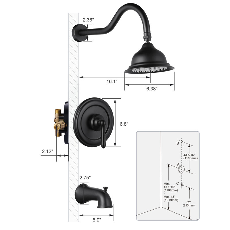 Pressure Balance Shower System 1.8 GPM Shower Faucet With Tub Spout And Brass Rough-In Valve, Matte Black