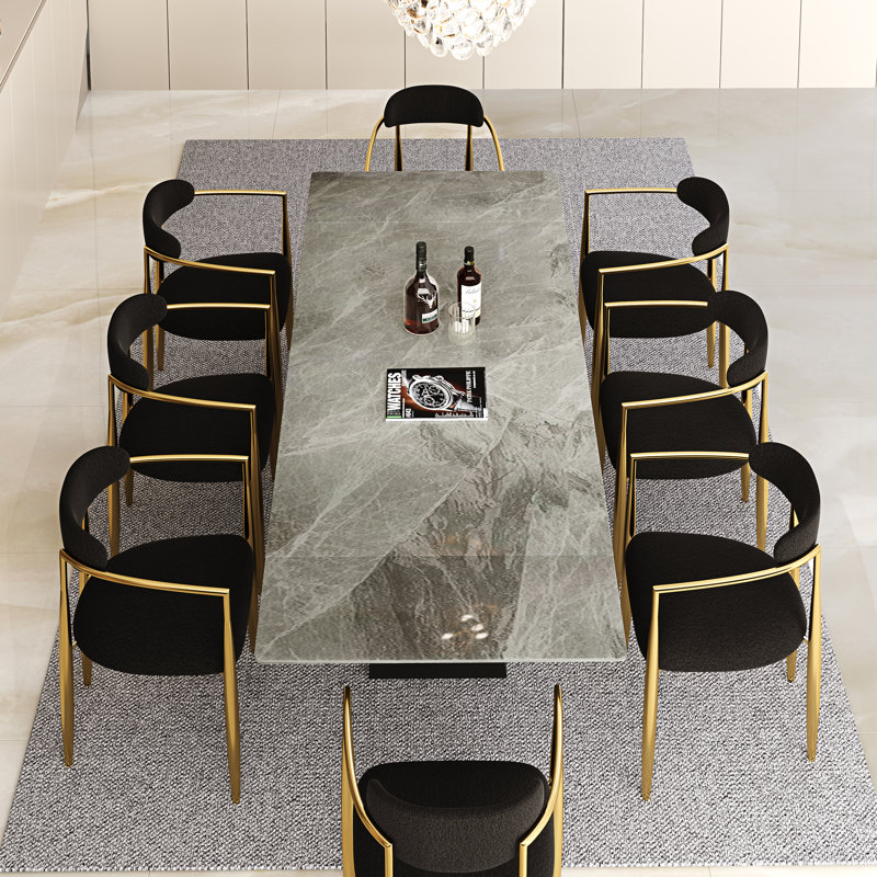 9 - Piece Dining Table Set With 94.5'' Extendable Sintered Stone Dining Table And 8 Fabric Chairs, Black/Gold