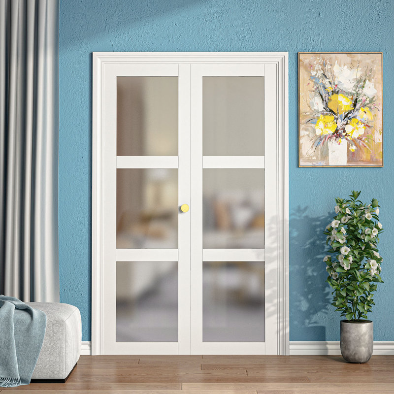 Portes pliantes 36 po x 80 po (porte de garde-robe double 18 po x 80 po) Porte de garde-robe en verre givré 3-Lite avec trousse de quincaillerie, portes intérieures pliantes pré-assemblées pour garde-manger / avec surface en PVC, qualité de fabrication solide et installation facile