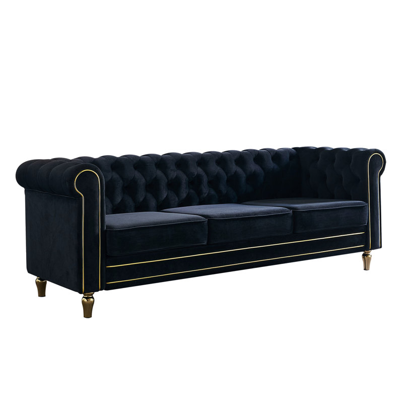 Living Velvet 84,65 pouces noir. Peau - revêtement. Ressorts ensachés et coussins de siège en mousse à haute densité pour plus de confort. Garniture dorée et capitonnage profond. Pieds en métal massif avec structure en bois massif.