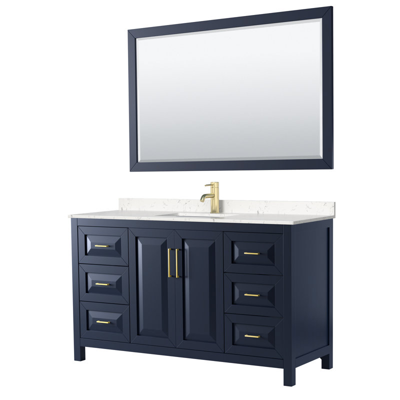 Daria 60'' Single Bathroom Vanity with Marble Top, Dark Blue, Matte Black, White Carrara Marble