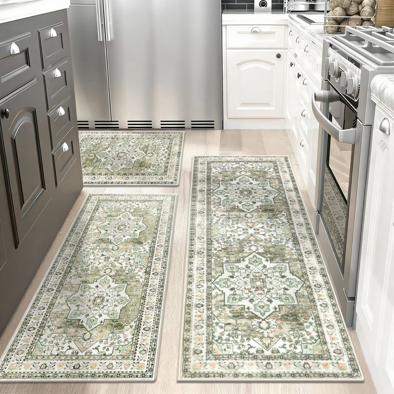 Washable Non Slip Kitchen Rug Kitchen Mat (Set of 3), Green