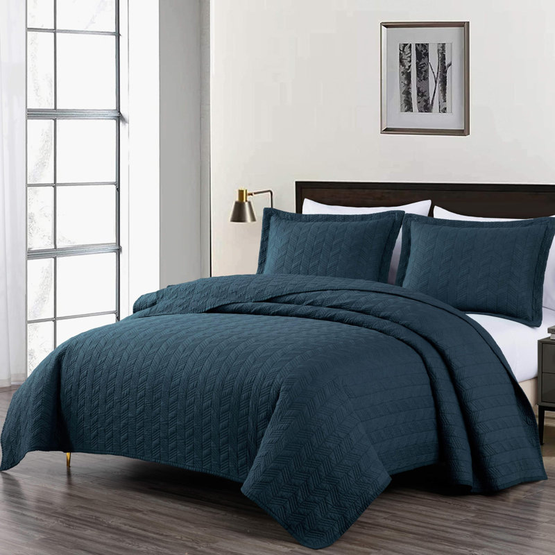Solid Color Cotton Quilt Cotton Quilt, Queen Quilt + 2 Standard Shams, Blue