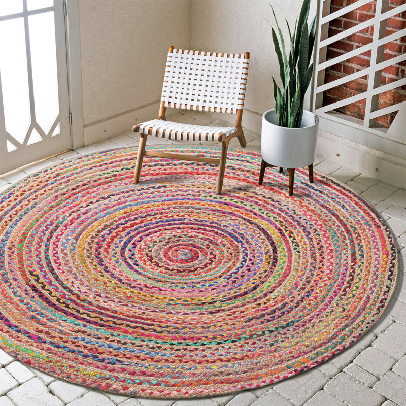Lightle Chindi Handmade Hand Braided Red/Blue/Green Jute/Cotton Area Rug, Round 7'