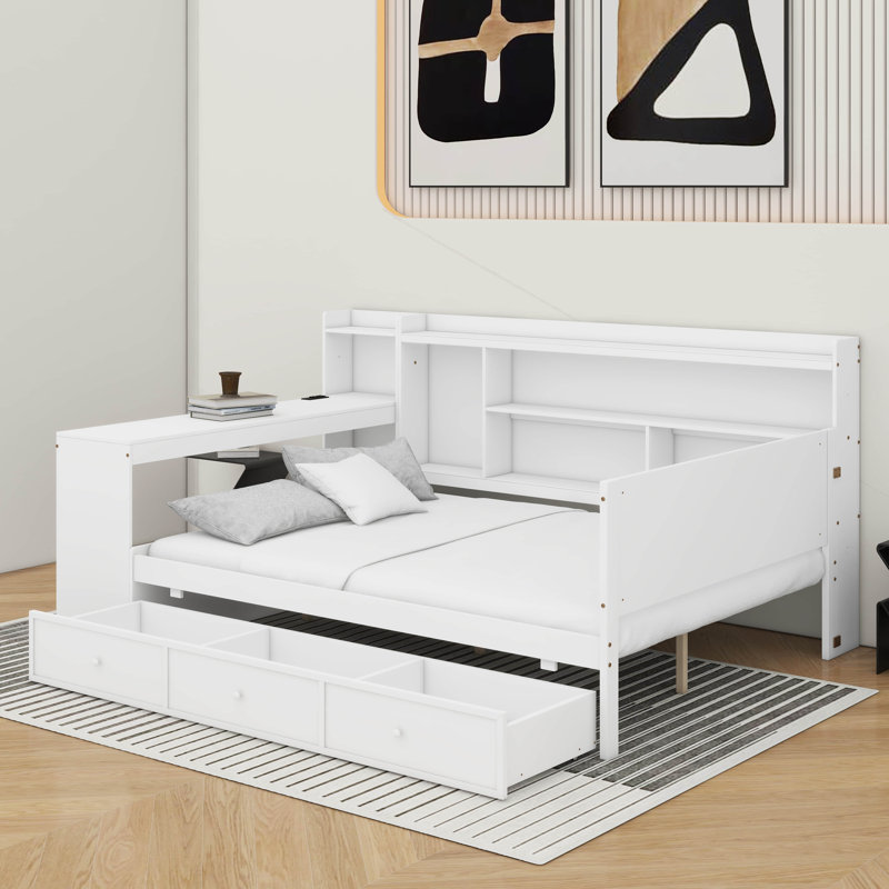 Lit de jour double avec tiroirs, USB et bureau, Blanc