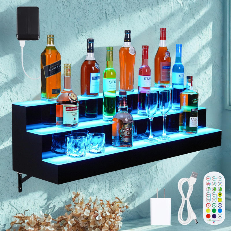 40" 3-Tier Wall Mounted Acrylic Wine & Liquor Bottle Display Shelf – LED Backlit, App & Remote Control, 16 Colors, Timer, USB Powered