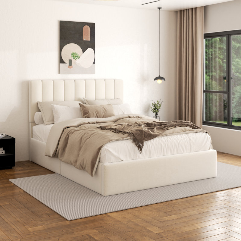 Haden Velvet Upholstered Platform Bed Frame with Channel Tufted Headboard, Cream, Queen