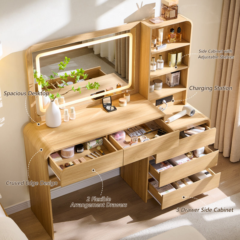 Grand meuble-lavabo moderne l 55 po avec 5 tiroirs et tablettes réglables, miroir lumineux à DEL et prises de courant pour la chambre à coucher