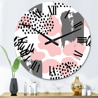 Pink and Grey Retro Polka Dot Clouds I - Modern Wall Clock
