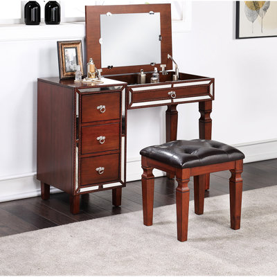 Meuble-lavabo et tabouret de couleur cerise - Compartiments de rangement, coussin confortable, design élégant, placage de peuplier, bois d'hévéa
