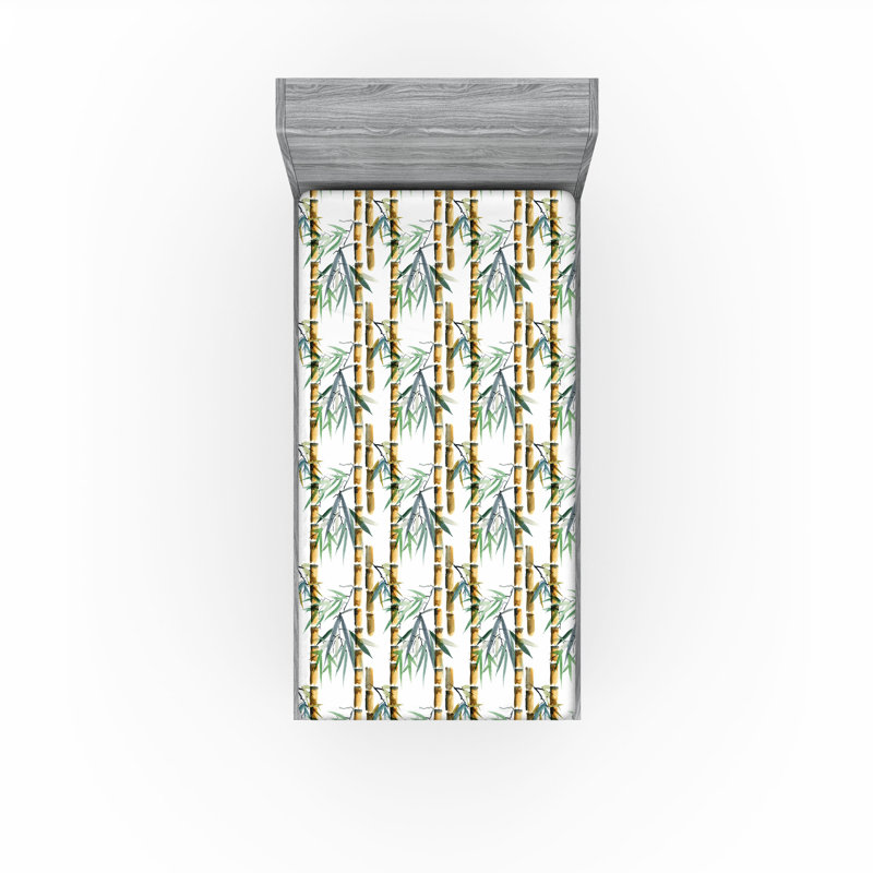 Ambesonne Tropical Print Fitted Sheet Exotic Leaf Eastern Twin Size Sand Brown Green White, Twin Fitted Sheet