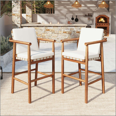 Ensemble de 2 tabourets de bar à hauteur de comptoir en bois d'acacia avec siège en sangle et coussins amovibles