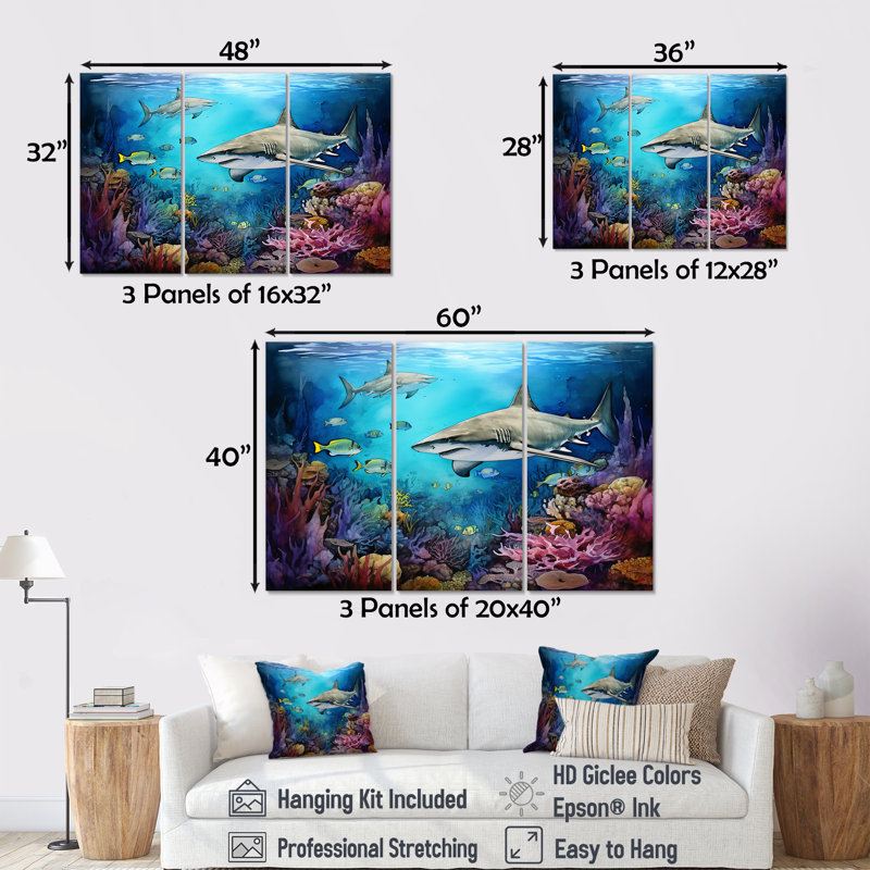 Shark Haven Under Water Painting I - Shark Wall Decor Set, 32" H x 48" W