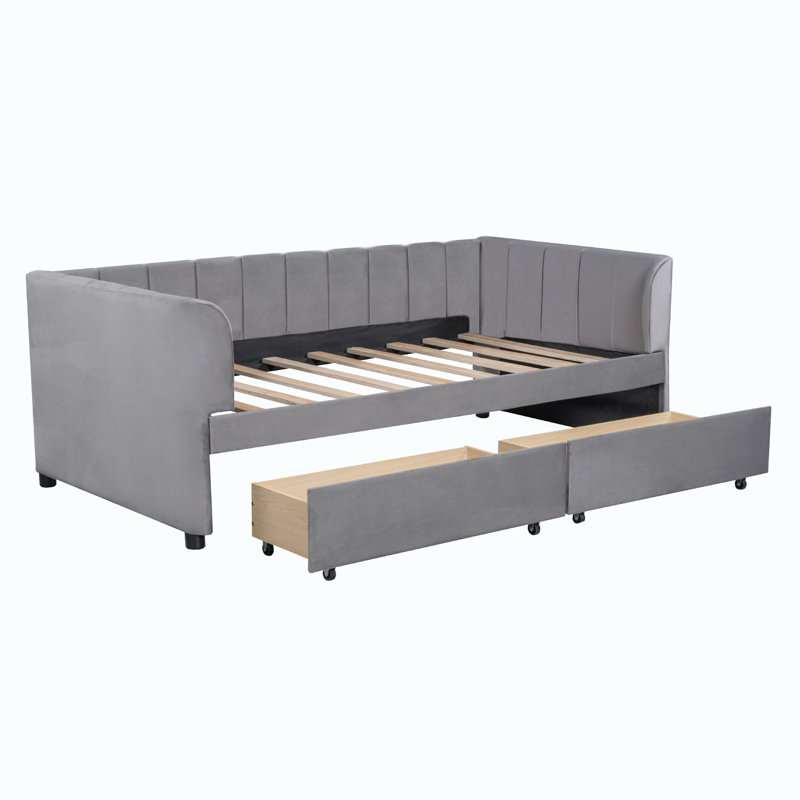 Krishana Twin Size Upholstered Daybed with Ergonomic Design Backrest and 2 Drawers, Gray