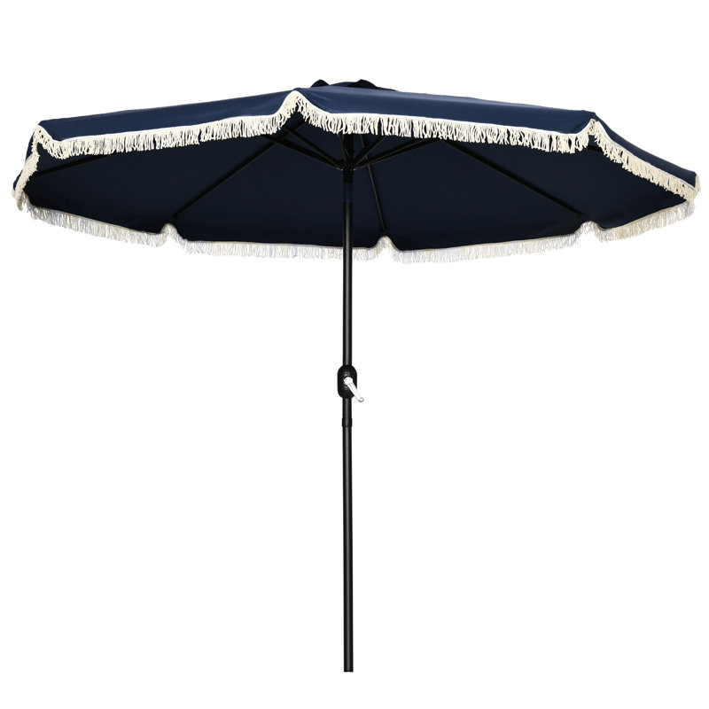 Parasol de patio bleu foncé 9 pi, avec mécanisme d'inclinaison et de manivelle, à volants pour parasol 9 pi de jardin