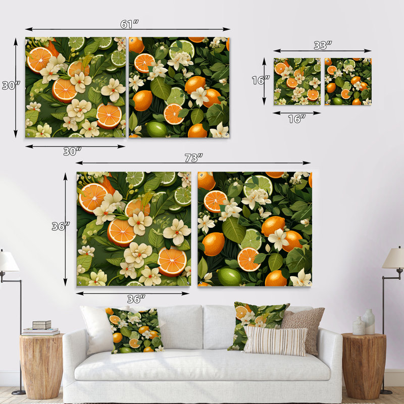 Motif tropical de zeste d'agrumes - ensemble d'art mural en verre acrylique bord de mer tropical, H 36 po x l 73 po