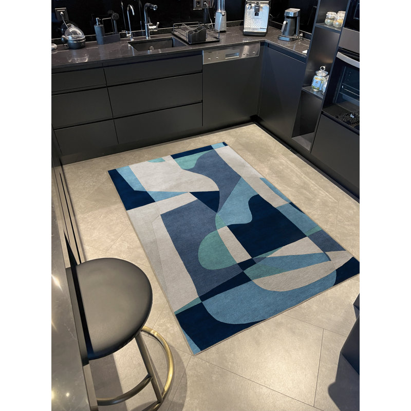 Tapis décoratif moderne à motif géométrique bleu à motif géométrique, Rectangle 4 pi 11,06 po x 7 pi 6,55 po