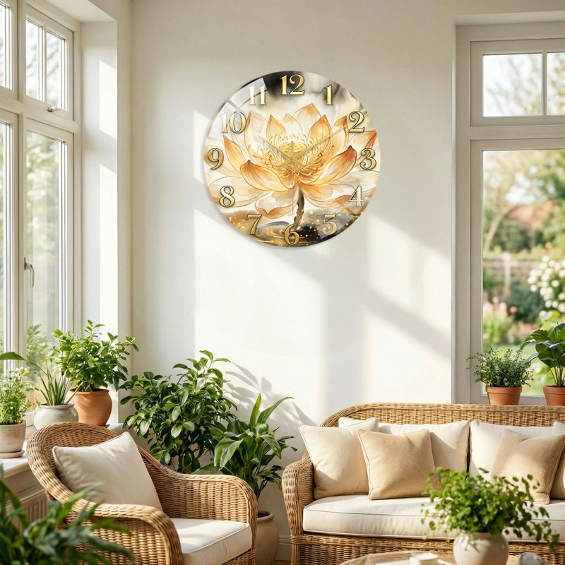 Horloge murale décorative moderne en verre Golden Lotus, 40 x 40 cm (15,7 x 15,7 pouces)