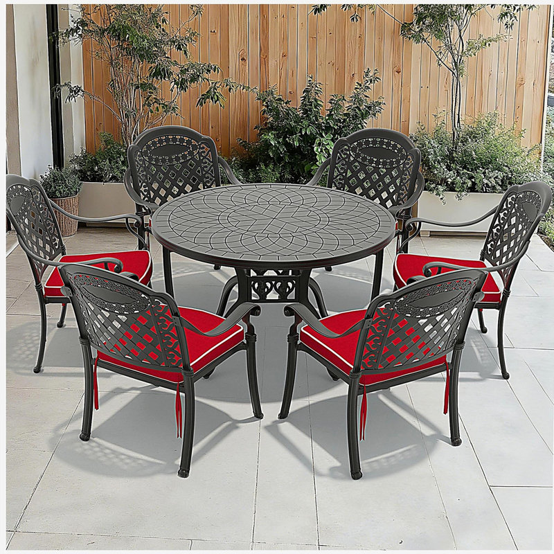 Ensemble de 7 pièces de mobilier de patio en aluminium coulé avec cadre noir et coussins de siège rouges, Rouge