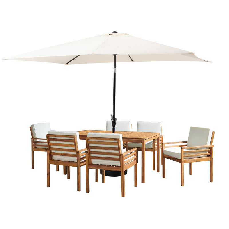 8 Piece Set Okemo Table w/6 Chairs 10"" Rectangular Umbrella (White), White, 6
