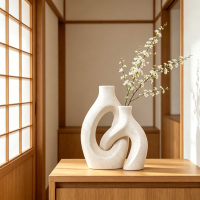 White Ceramic Vase Set Of 2, Hollow Oval Flower Vases For Decor, Handmade Nordic Minimalist Ceramic Vase For Pampas Grass, Living Room, Farmhouse And Boho Home Decor, Housewarming Gifts