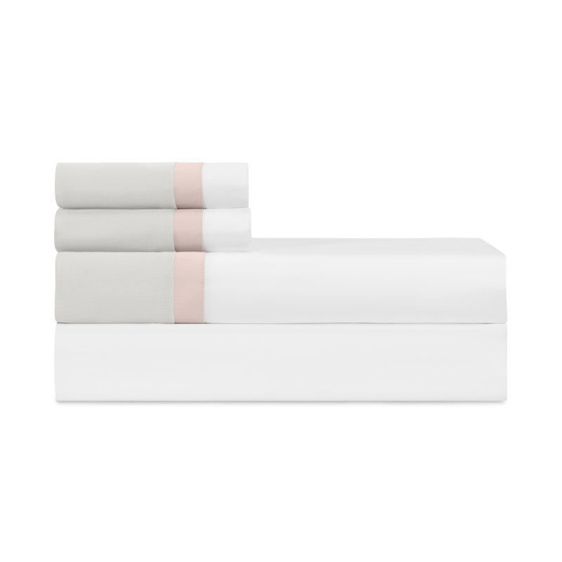 Borders Sateen Sheet Set, King, White/Lt Pink/Pebble