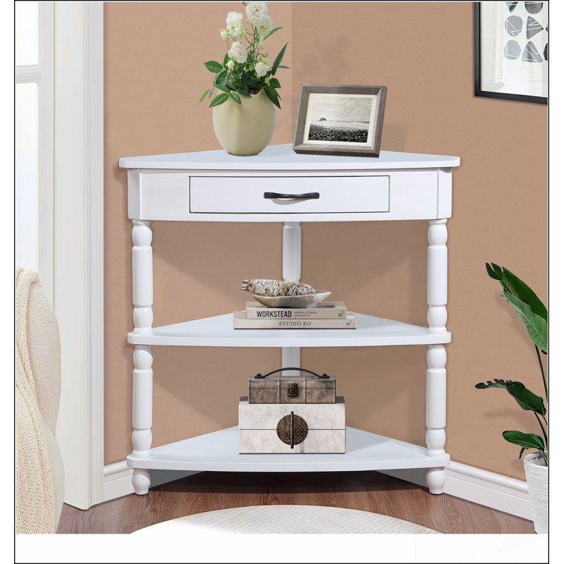 33.8'' Small Triangle Corner Table, Wood Corner Side Table for Small Spaces/ Living Room, 3 Tier End Corner Table with Solid Wood Legs