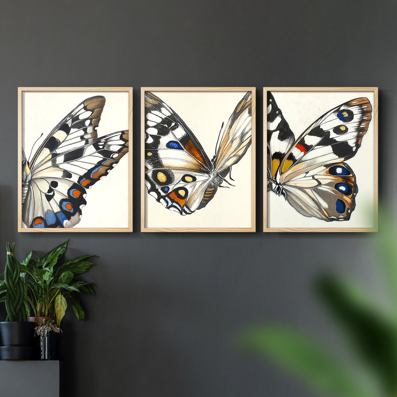 Papillons, série CXII - lot de 3 estampes numériques - prêt à être accroché, H 10 po x l 8 po, Encadré naturel