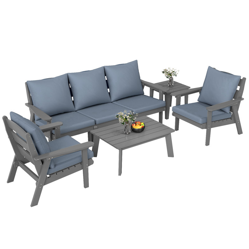 Ensemble de conversation pour patio 7 pièces avec coussins Hdpe, Gray, Gray