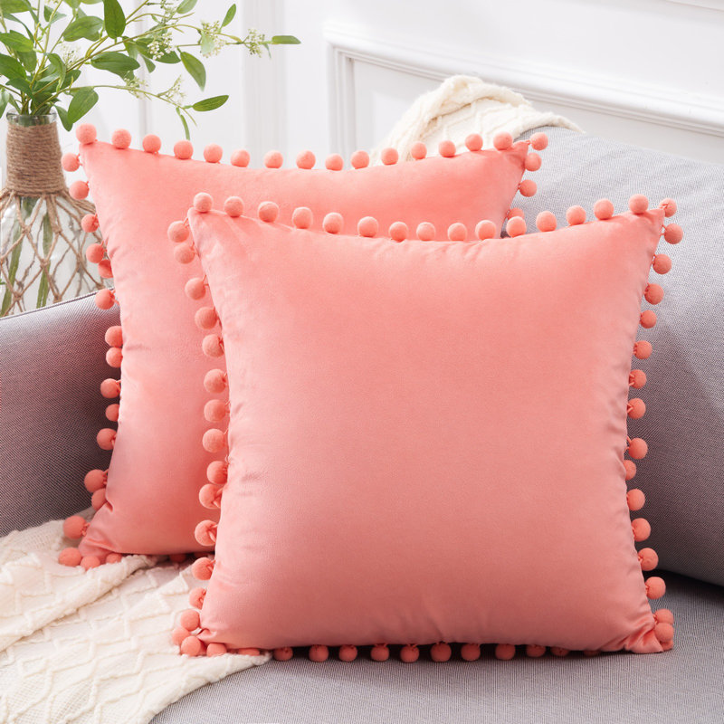 Deconovo Pom-poms Reversible Pillow Cover, 16" x 16", Coral