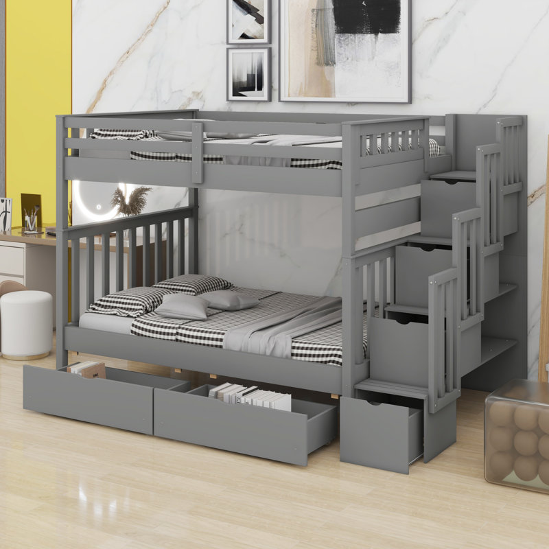Lit superposé avec tablettes et tiroirs de rangement, Gris