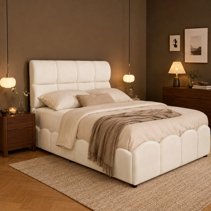 Structure de lit simple en velours avec tête de lit haute, support à lattes en bois, aucun sommier requis, assemblage facile, beige