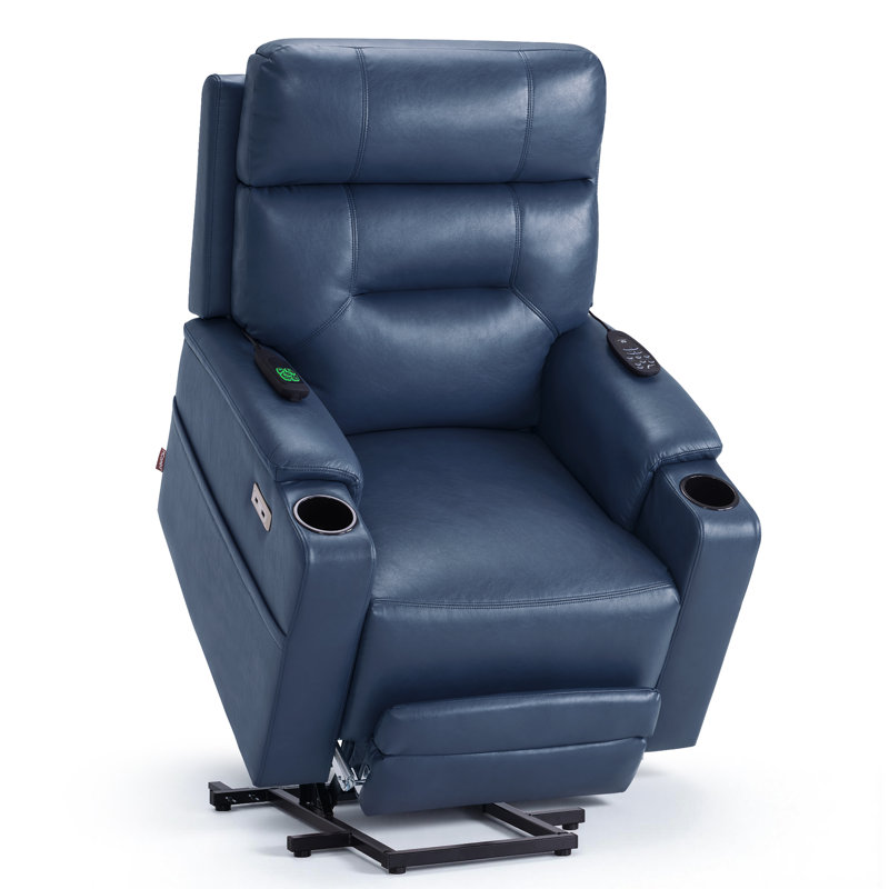 Dual Motor Lay Flat Power Recliner Lift Chair with Heat and Massage, Faux Leather, Blue