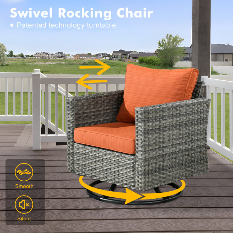Lovall Rattan Wicker 7 - Person Seating Group with Fire Pit and Cushions, Orange Red