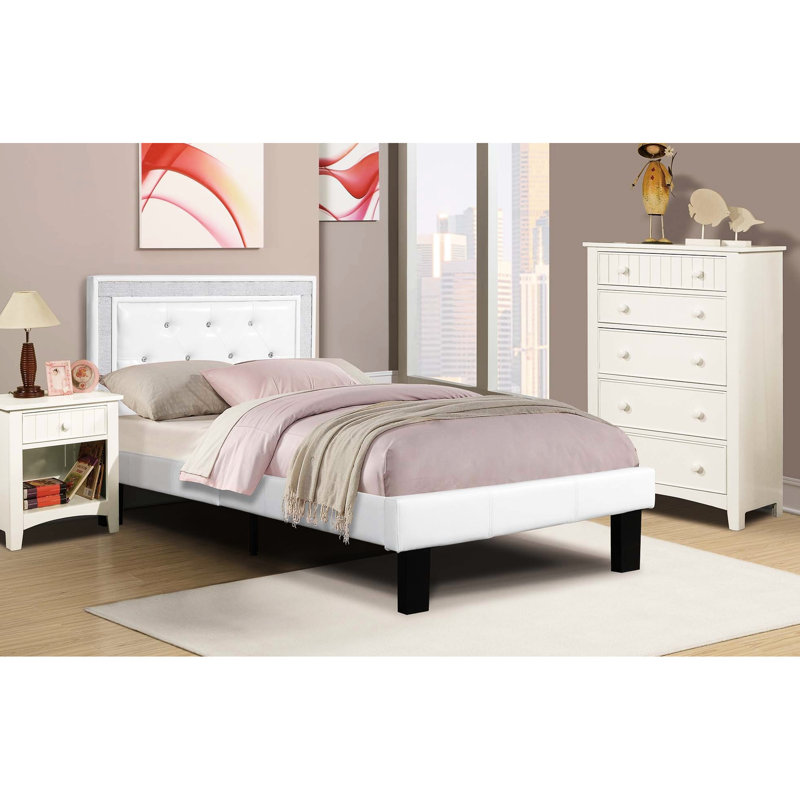 Structure pour lit simple Style avec similicuir blanc, tête de lit à losanges, pieds de soutien centraux, structure en cuir pour chambre à coucher style, système à 12 lattes,