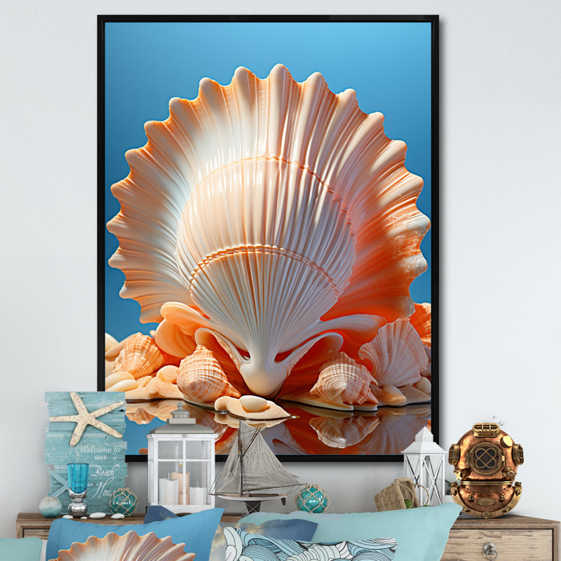 Coquilles opulentes symboliques sur toile, Cadre flottant noir, H 40 po x l 30 po