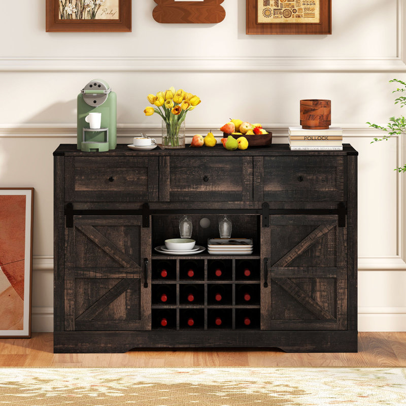 Armoire à vin avec portes à lumières DEL et station à café avec tablettes réglables, Chêne foncé