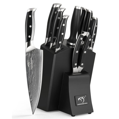 Damascus Kitchen Knife Set with Block, 9-Piece 67-Layer VG10 Damascus Steel Knife Set with Triple-Rivet Handles, Chef, Santoku, Utility, Bread & Paring Knives, Sharpener, Shears, Black