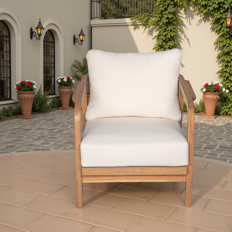 Chaise longue d'extérieur à dossier tissé avec coussins, chaise d'appoint de patio à structure en bois massif, Marron clair