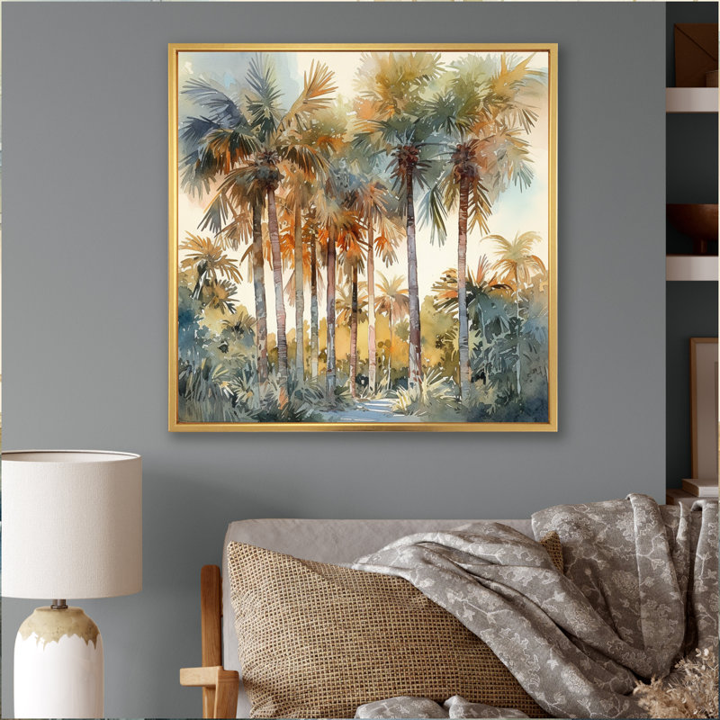 «Green Palm Tree Paradise III - Palm Trees», reproduction d'art sur toile, H 36 po x l 36 po x P 1,5 po, Cadre flottant doré