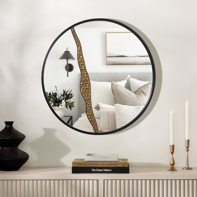 30" Modern Round Decorative Wall Mirror with Gold Accent